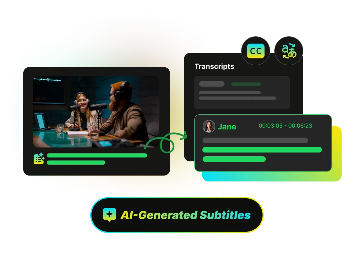 Automatisch generierte Untertitel in WayinVideo. Ein Video wird mit synchronen Textzeilen und Sprecherkennzeichnung angezeigt.